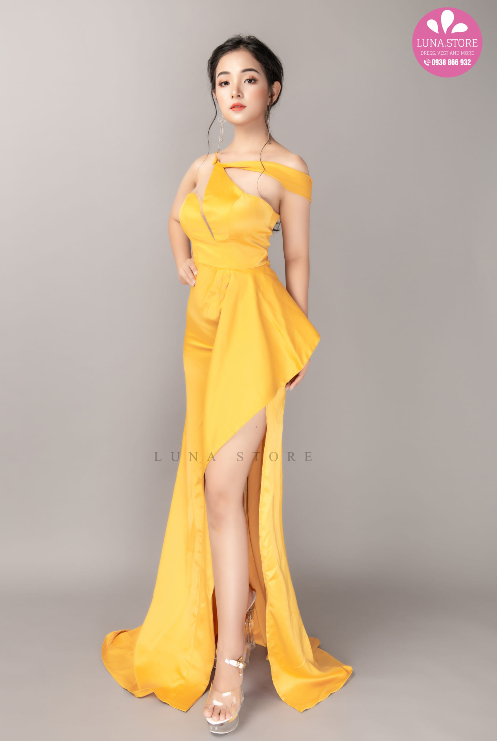 Đầm xòe hai dây màu vàng HL1529  Thời trang công sở KK Fashion